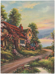 Vintage calendar prints of cottages, cabins, mills, etc.